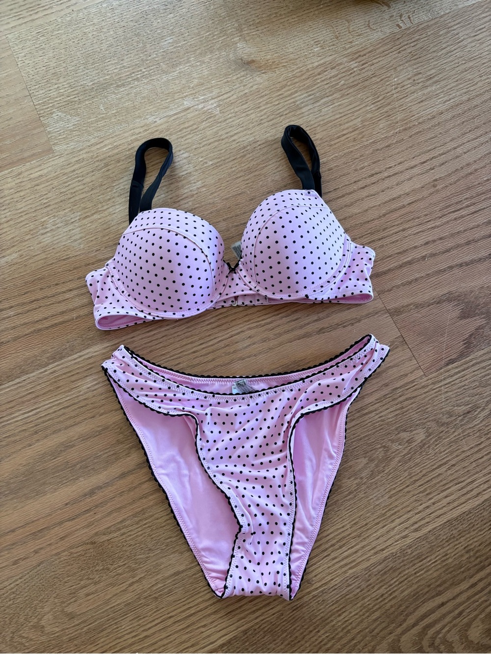Frankie’s bikinis Pink Polka Dot Women’s Bikini Set with Black Trim